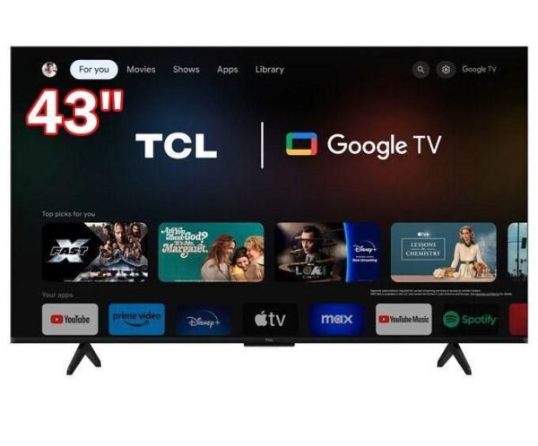 43-inch TCL Google TV on a stand, home screen with app thumbnails across the bottom