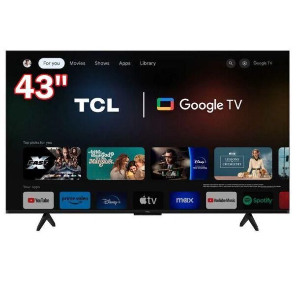 43-inch TCL Google TV on a stand, home screen with app thumbnails across the bottom