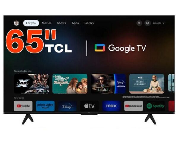 65-inch TCL Google TV on a stand, displaying the Google TV home screen with app thumbnails and navigation bar