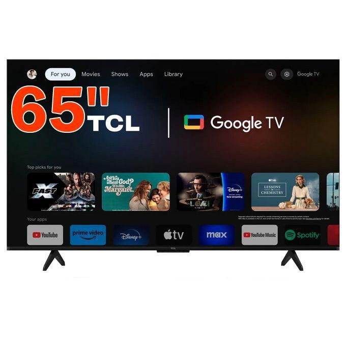 65-inch TCL Google TV on a stand, displaying the Google TV home screen with app thumbnails and navigation bar