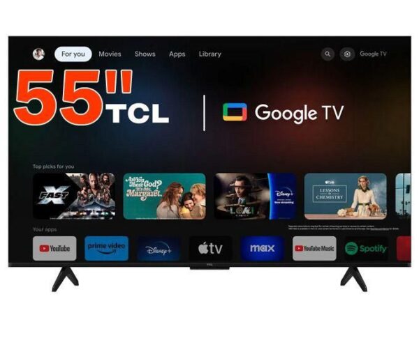 55-inch TCL Google TV displaying a home screen with app row and colorful posters on a dark background on a stand-mounted television