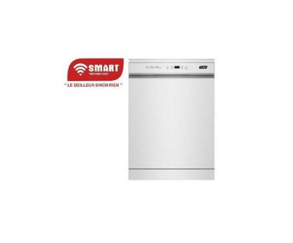 White dishwasher with a top-front control panel and a red SMART Technology logo to the left.