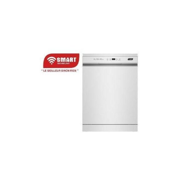 White dishwasher with a top-front control panel and a red SMART Technology logo to the left.
