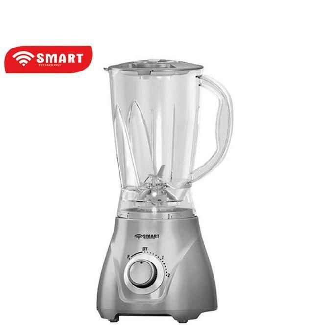 Smart Technology blender with a clear pitcher and gray base, featuring a control dial on the front.