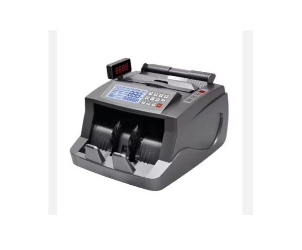 Electronic currency counting machine with a digital display, hopper, and rolled stacks of bills loaded for counting.