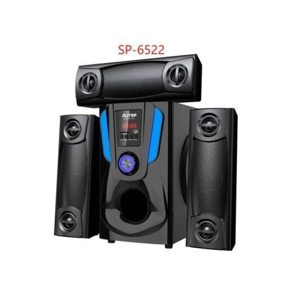 Black 2.1 speaker system with a central subwoofer and two satellite speakers; model SP-6522.