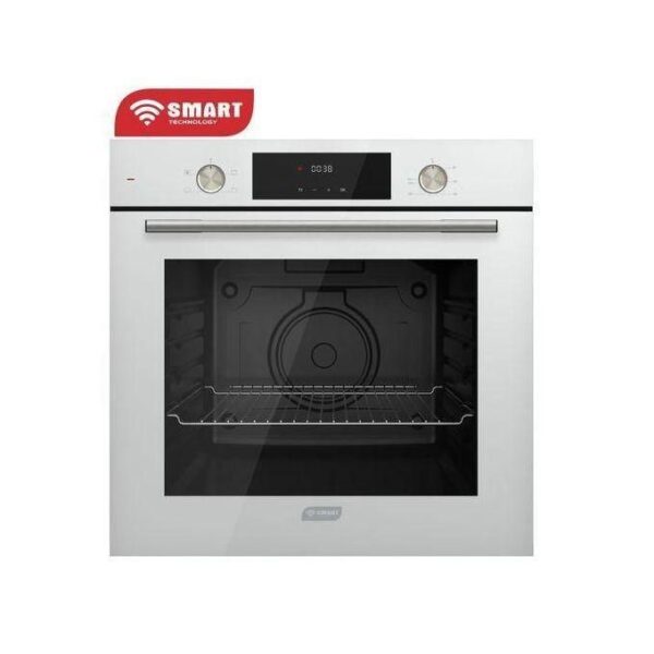 Stainless steel built-in oven with a digital display and two control knobs, door open showing interior rack; SMART TECHNOLOGY badge on top-left.