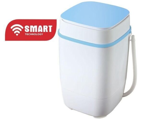 Small white portable washing machine with a light blue top and side strap, labeled SMART TECHNOLOGY