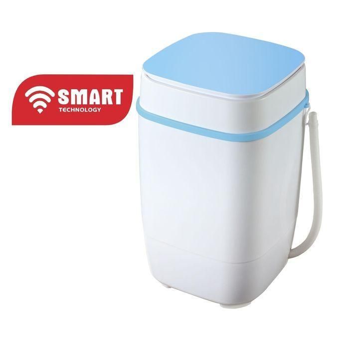 Small white portable washing machine with a light blue top and side strap, labeled SMART TECHNOLOGY