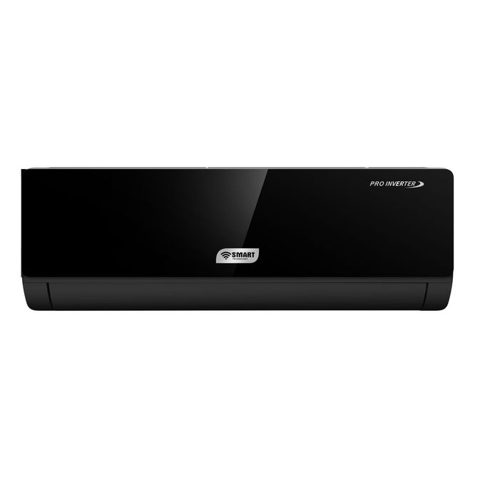 Black wall-mounted split air conditioner indoor unit with glossy front panel and Smart label (inverter model)