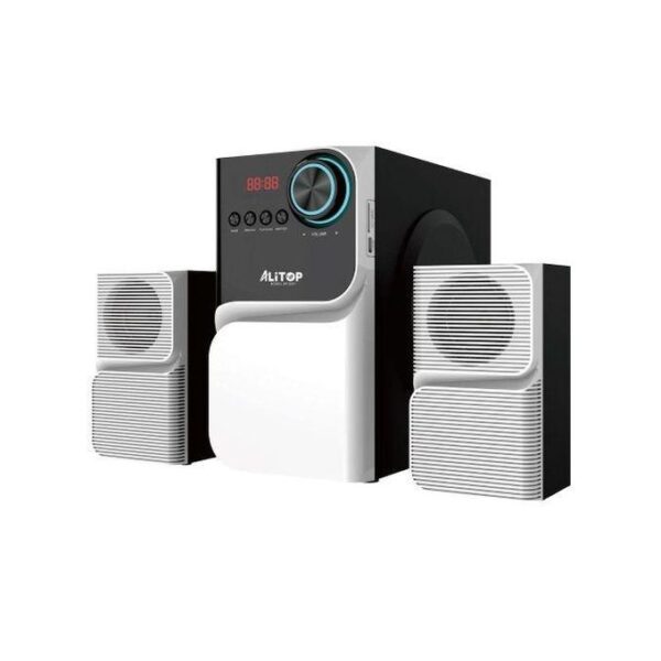Alitop 3-piece home speaker system: central black subwoofer with blue dial, flanked by two white satellite speakers.
