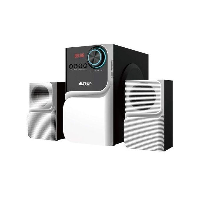 Alitop 3-piece home speaker system: central black subwoofer with blue dial, flanked by two white satellite speakers.