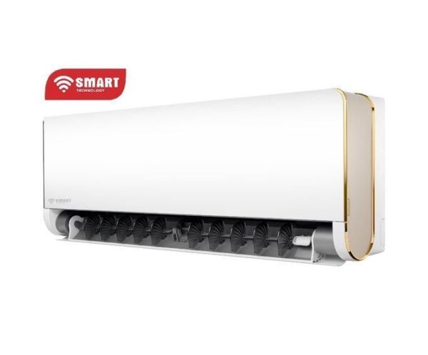 White wall-mounted split air conditioner with open vent and black blades; Smart Technology logo on the left edge.