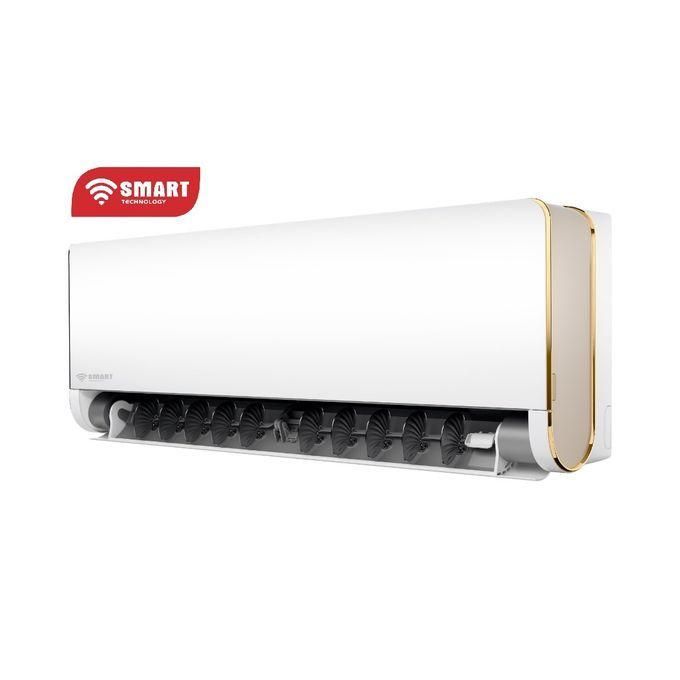 White wall-mounted split air conditioner with open vent and black blades; Smart Technology logo on the left edge.