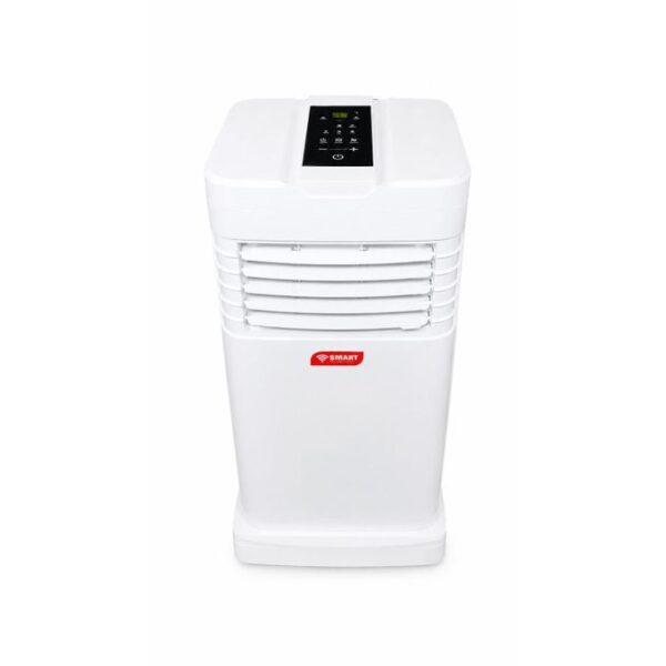 White portable air cooler with a black top control panel and horizontal front vents.