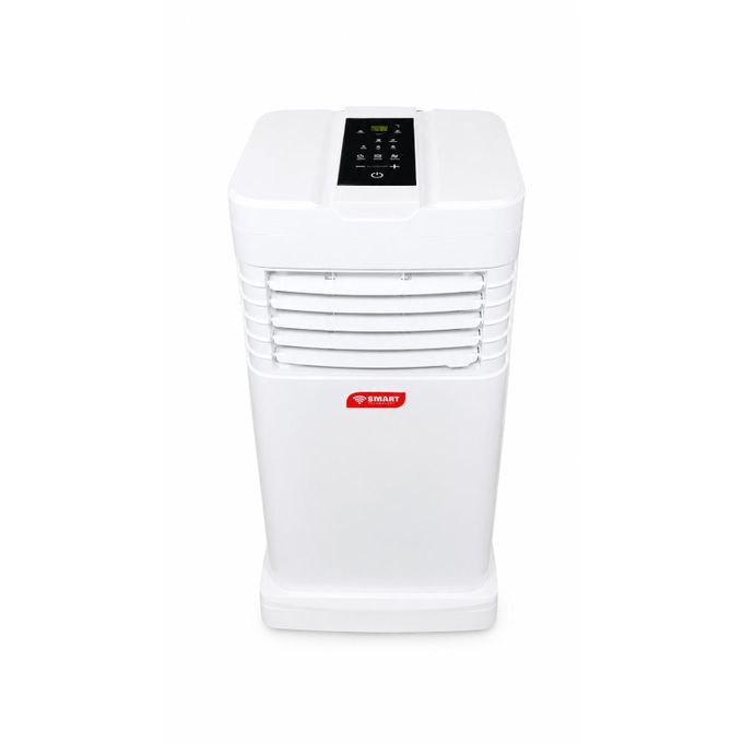 White portable air cooler with a black top control panel and horizontal front vents.