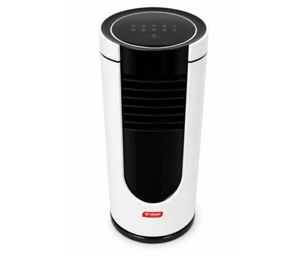 White tower fan with a black central vent, rounded top control panel, and a red brand logo at the base.