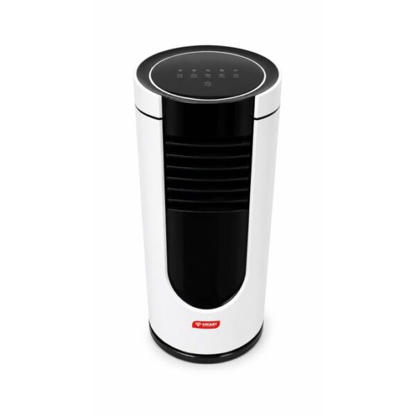White tower fan with a black central vent, rounded top control panel, and a red brand logo at the base.