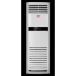 Tall white floor-standing air conditioner with upper and lower vent grilles and a black control panel in the middle.
