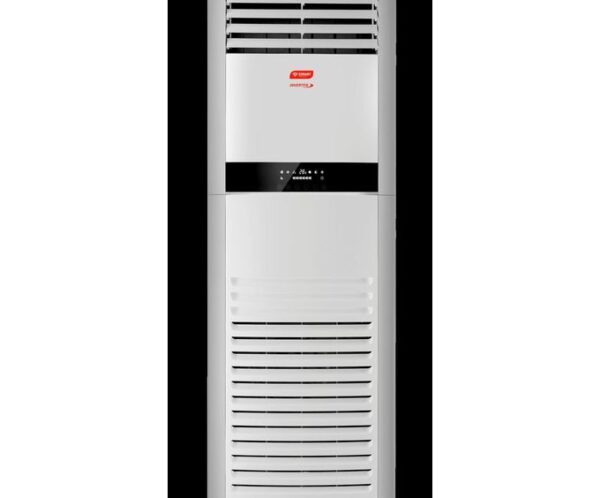 Tall white floor-standing air conditioner with upper and lower vent grilles and a black control panel in the middle.