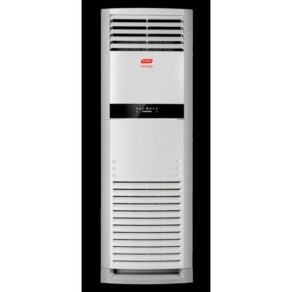 Tall white floor-standing air conditioner with upper and lower vent grilles and a black control panel in the middle.