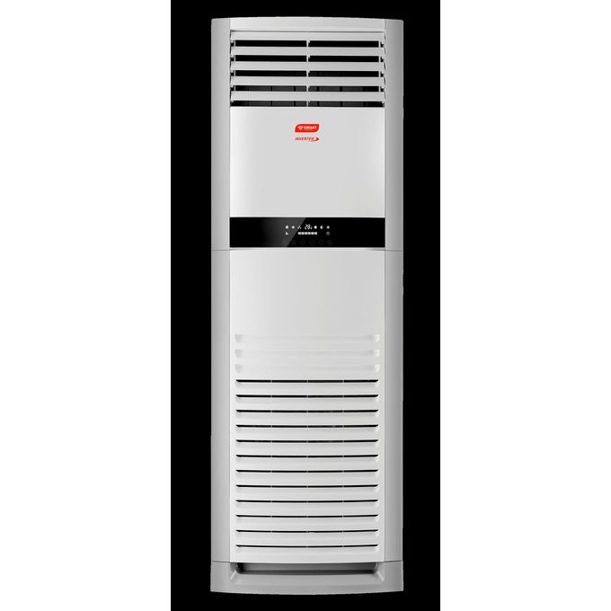 Tall white floor-standing air conditioner with upper and lower vent grilles and a black control panel in the middle.