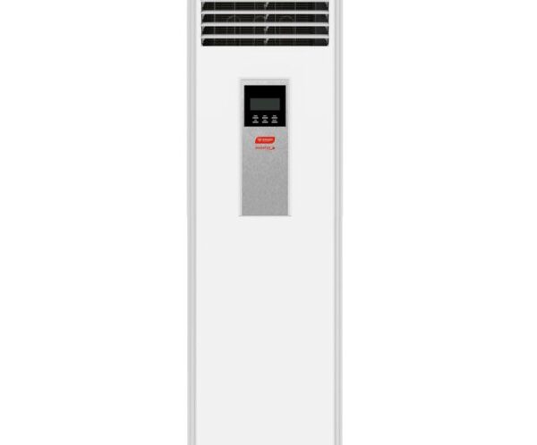 Floor-standing tower air conditioner with vented top and control panel centered on the front panel.