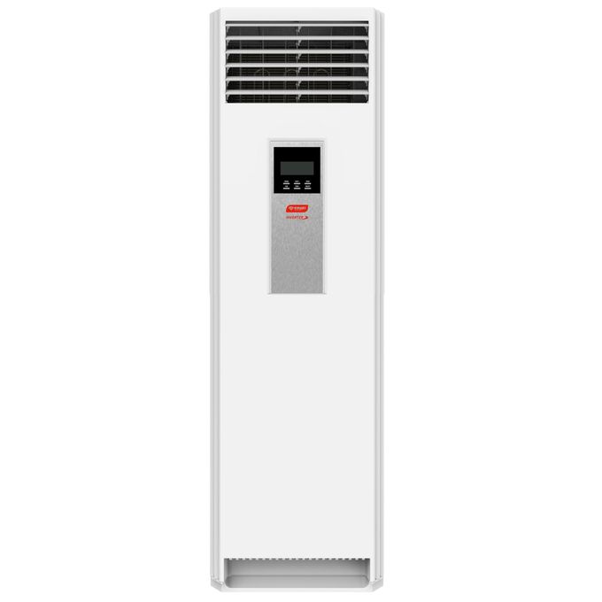 Floor-standing tower air conditioner with vented top and control panel centered on the front panel.