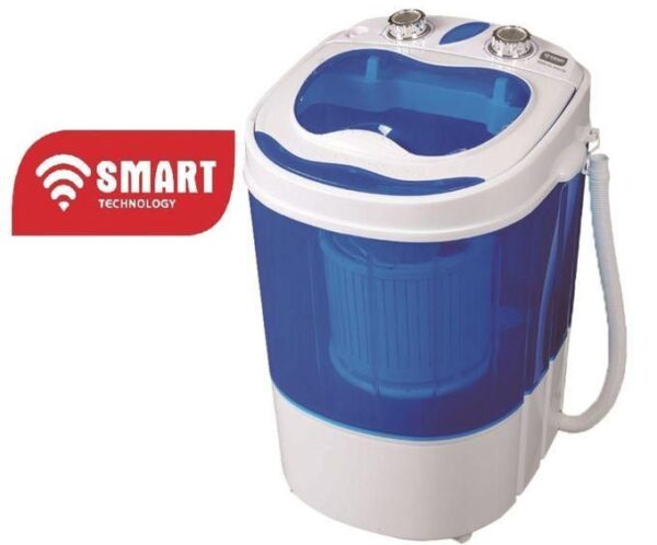 Compact portable washing machine with a blue translucent tub and white casing.