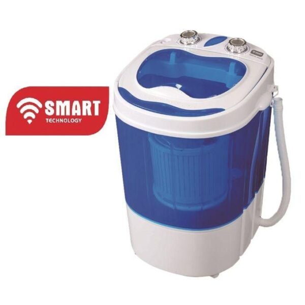 Compact portable washing machine with a blue translucent tub and white casing.