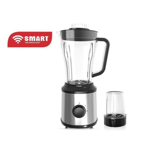 Blender with a glass pitcher on a stainless steel base and a small secondary jar beside it; SMART TECHNOLOGY logo on the left.