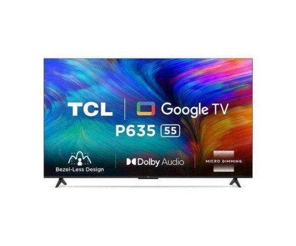 55-inch TCL Google TV P635 on a stand with a vibrant, abstract screen; Dolby Audio branding visible.