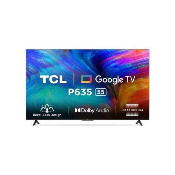 55-inch TCL Google TV P635 on a stand with a vibrant, abstract screen; Dolby Audio branding visible.