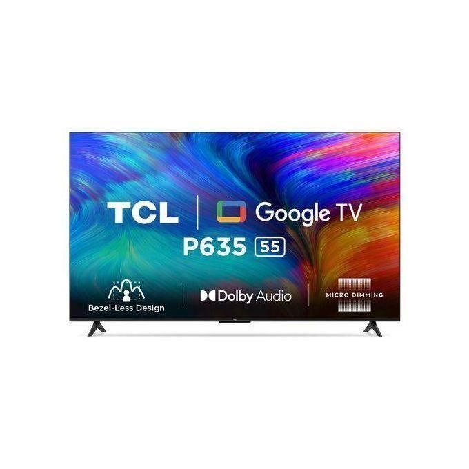 55-inch TCL Google TV P635 on a stand with a vibrant, abstract screen; Dolby Audio branding visible.