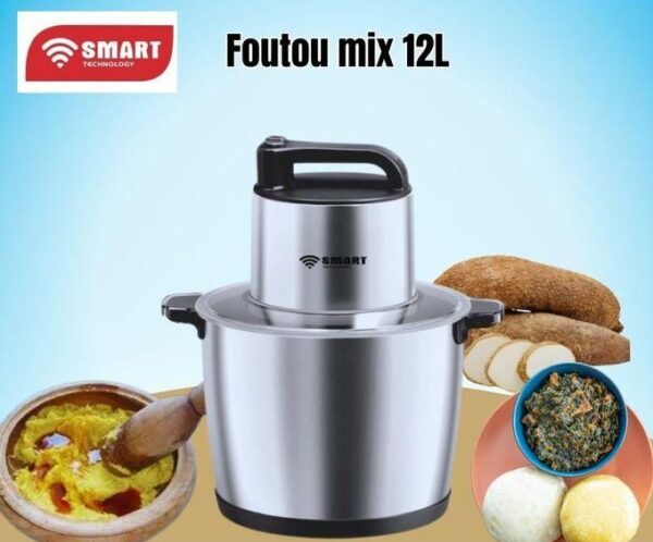 12L Smart kitchen mixer with stainless bowl and black handle, surrounded by bread and dishes, labeled 'Foutou mix 12L'