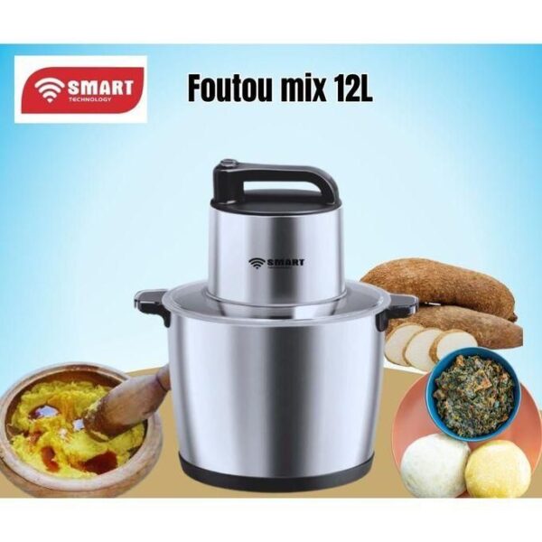 12L Smart kitchen mixer with stainless bowl and black handle, surrounded by bread and dishes, labeled 'Foutou mix 12L'