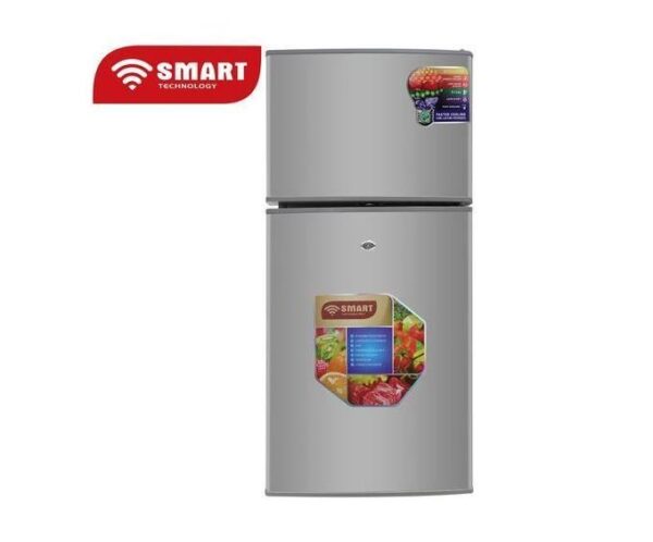 Silver two‑door refrigerator with Smart Technology promotional stickers on the doors.