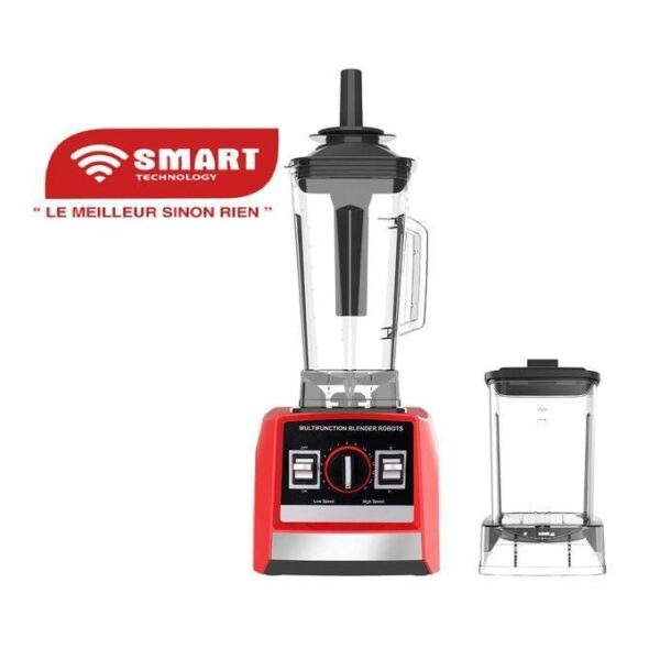 Red multifunction blender with a tall clear blending jar and a smaller separate jar, branded SMART Technology.