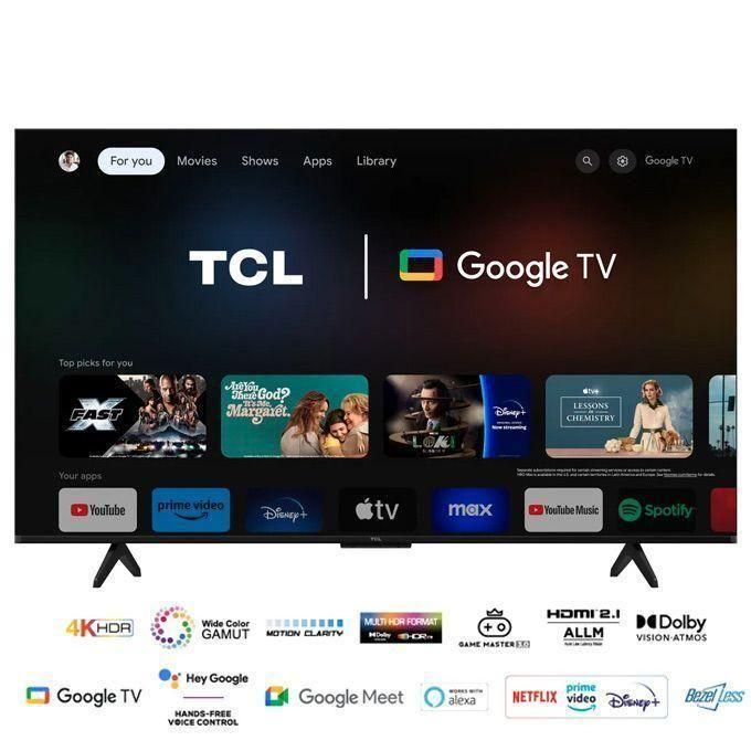 TV displaying TCL and Google TV interface with app icons and logos on screen and row of streaming apps below