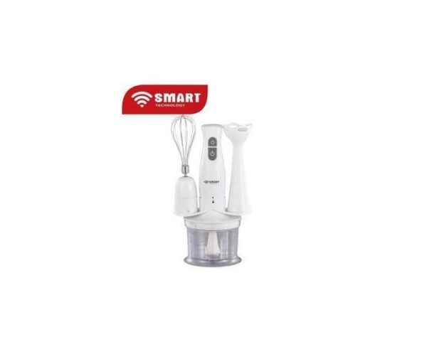 White Smart Technology handheld blender with whisk and chopping attachment on a small transparent container, shown on a white background.