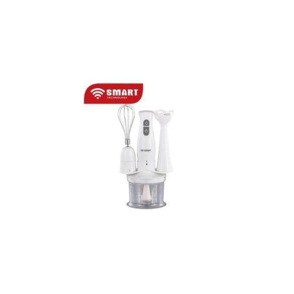 White Smart Technology handheld blender with whisk and chopping attachment on a small transparent container, shown on a white background.
