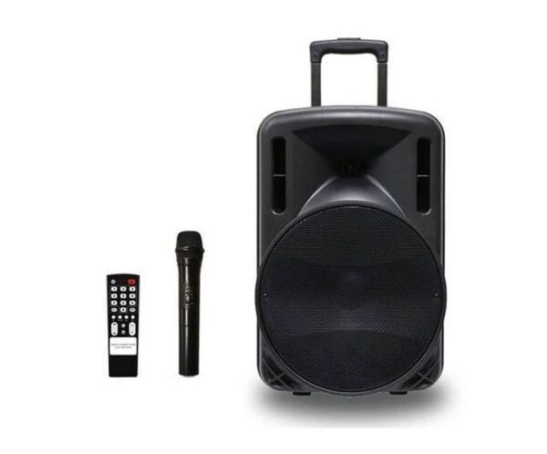 Portable PA system with a large black speaker, handheld microphone, and remote control.