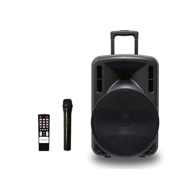 Portable PA system with a large black speaker, handheld microphone, and remote control.