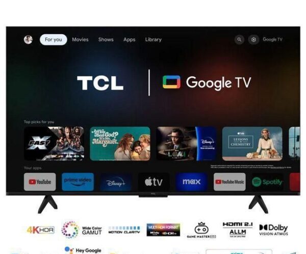 TCL flat-screen TV displaying Google TV home interface with a 'For you' chip and a row of app icons along the bottom edge.