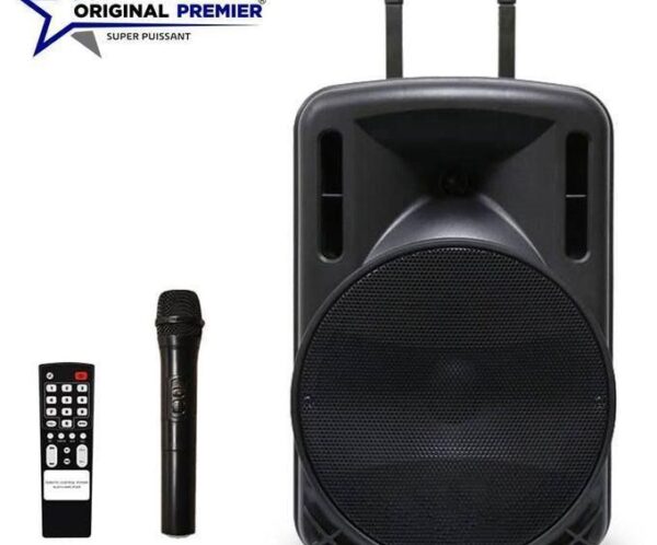 Portable speaker system with wireless handheld microphone and remote, branded Original Premier Super Puissant logo visible