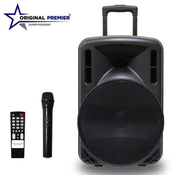 Portable speaker system with wireless handheld microphone and remote, branded Original Premier Super Puissant logo visible