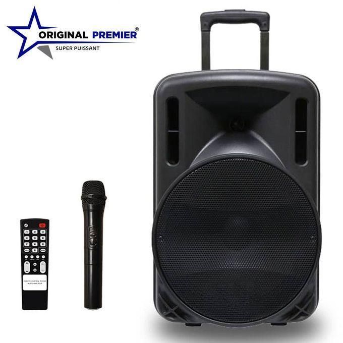 Portable speaker system with wireless handheld microphone and remote, branded Original Premier Super Puissant logo visible