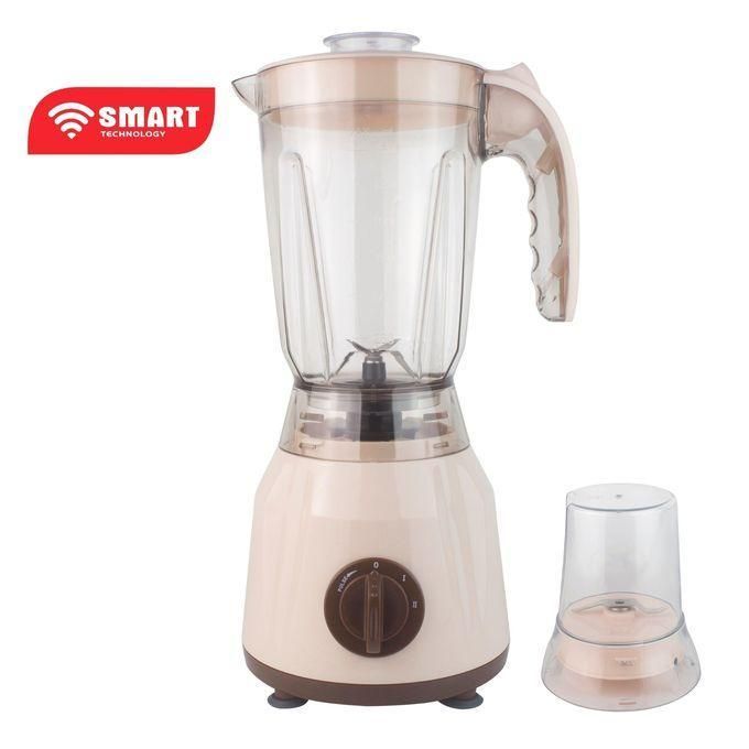 Pink blender with glass jar and separate mini cup for grinding or milling (Smart Technology).