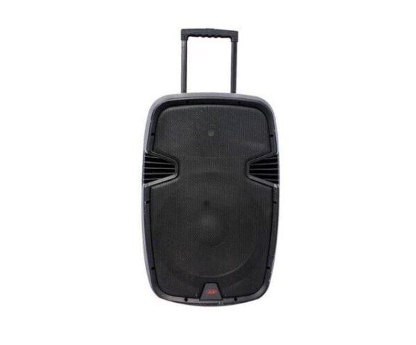 Portable black PA speaker with a retractable handle and wheels for easy transport