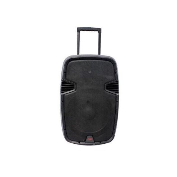 Portable black PA speaker with a retractable handle and wheels for easy transport